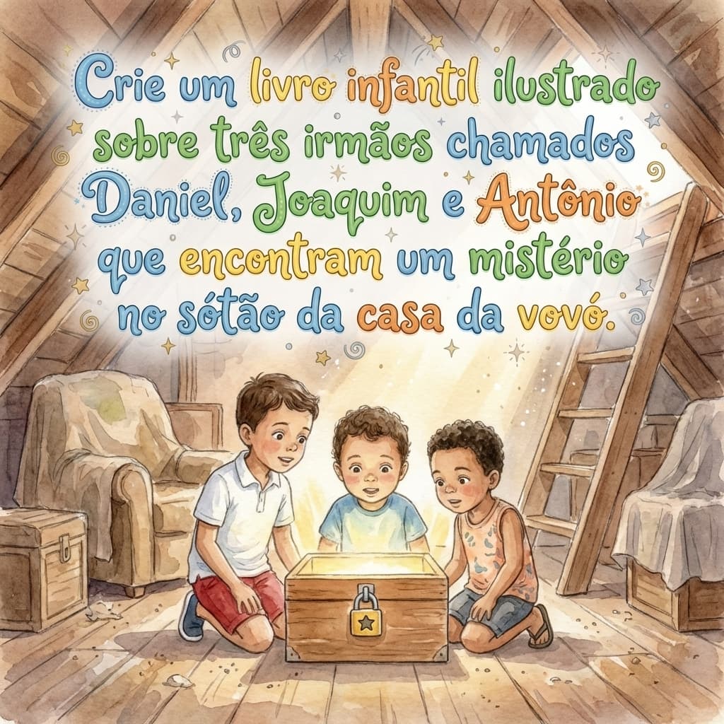Crie um livro infantil ilustrado sobre três irmãos chamados Daniel, Joaquim e Antônio que encontram um mistério no sótão da casa da vovó."